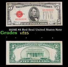 1928E $5 Red Seal United States Note Grades vf+
