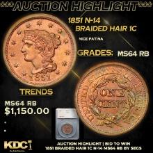 ***Auction Highlight*** 1851 Braided Hair Large Cent N-14 1c Graded ms64 rb By SEGS (fc)