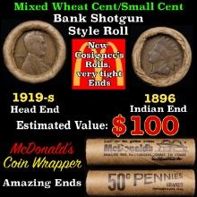 Small Cent Mixed Roll Orig Brandt McDonalds Wrapper, 1919-s Lincoln Wheat end, 1896 Indian other end