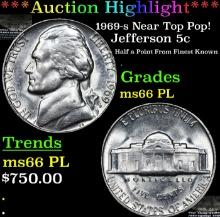 ***Auction Highlight*** 1969-s Jefferson Nickel Near Top Pop! 5c Graded ms66 PL BY SEGS (fc)