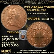 ***Auction Highlight*** PCGS 1773 Virginia Period Colonial Half Cent 1/2c Graded ms63 RB By PCGS (fc