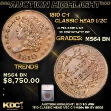 ***Auction Highlight*** 1810 Classic Head half cent C-1 1/2c Graded ms64 BN BY SEGS (fc)