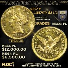 ***Auction Highlight*** 1857-p Gold Liberty Quarter Eagle $2 1/2 Graded Choice Unc+ PL By USCG (fc)