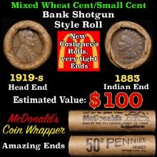 Small Cent Mixed Roll Orig Brandt McDonalds Wrapper, 1919-s Lincoln Wheat end, 1883 Indian other end