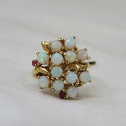 14kt Gold Opal & Ruby Cluster Ring