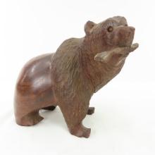 Hand Carved Ironwood Grizzly Bear With Fish