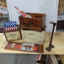 Vintage Whiskey Crate, Beer tins, Cobbler tool