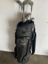 Black/ dark green Datrek golf bag and 11 assorted golf clubs