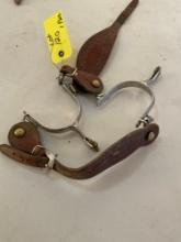 Spurs, steel & brass with leather straps. 1 pair