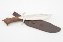 New in box "Hen & Rooster" stag handled Bowie Knife. Blade is marked "The Dallas Arms Collector's As