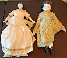 2 Antique Victorian 15/16'' Lady Woman Women Doll Pair Lot Ceramic Head Cloth Body Clothes Early