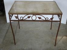 Vintage Brown Wrought Iron Patio Side Table Scrollwork & Foliage Design Acrylic Top