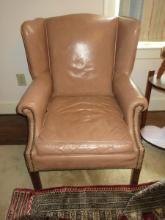 Thomas Furniture Co. Leather Classic Wingback Chair w/Tack Trim Mahogany Legs