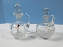 Pair Hand Blown Glass Mary Gregory Style Hand Painted Boy/Girl Design Cruel Set Oil and