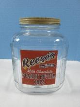 Vintage Pressed Glass Reese's Peanut Butter Cups Counter Top Country Store Canister Jar w/
