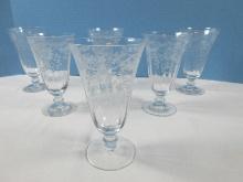 Set of 6 Fostoria Glass Corsage Etched Pattern Stem 6014 Floral and Ribbon Design 6 1/8"