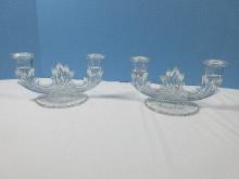 Pair Fostoria Depression Glass Clear Corsage Pattern Etched Floral Ribbon Baroque Shape