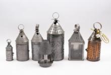 6 Punched Tin Lanterns and Lamp