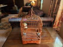 (UPOFC) ANTIQUE CHINESE BAMBOO BIRD CAGE WITH VERY NICE CARVED DRAGON DETAILING. IT MEASURES 7-1/2"W