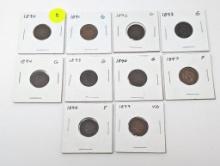 1890-1899 Indian Head Cents (10 coins)