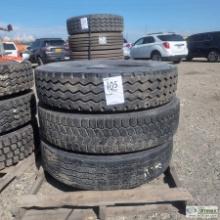 1 PALLET. 3EA HEAVY TRUCK OR TRAILER TIRES, FITS 24.5IN WHEELS