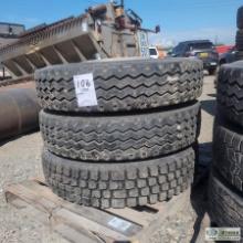 1 PALLET. 3EA HEAVY TRUCK OR TRAILER TIRES, FITS 24.5IN WHEELS, W/ 2EA ALUMINUM WHEELS