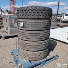 5 EACH. HEAVY TRUCK OR TRAILER TIRES, 275/70R22.5, INCLUDING: 4EA HANKOOK, 1EA BRIDGESTONE. ITEMS AP