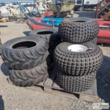 1 PALLET. 9EA MISC ATV TIRES, INCL: 4EA CARLISLE ON RIMS, 4EA DUNLOP, 1EA HENTSHIM