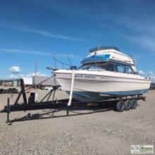 BOAT, BAYLINER, 28FT FIBERGLASS HULL, APPROX 10FT BEAM, TWIN VOLVO PENTA 200C GAS ENGINES, VOLVO 280