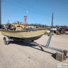 BOAT, 14FT ALUMINUM HULL, APPROX 5FT BEAM, 25HP MERCURY PROP OUTBOARD, W/SPARE MOTOR, SINGLE AXLE EZ