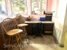 Lot in Office of Homemade Desk, 2 Wooden Barstools, Black Desk Chair, Plastic, Metal & Wood In/Out