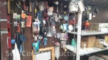 Lot on Wall and Shelving of Various Hammer, Power Cords, Files, Glow Sticks, Terry Pony Tailers,