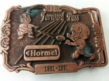 BELT BUCKLE HORMEL FORWARD PASS 1891-1991 NO LIMITED EDITION NUMBER FEED PRODUCT