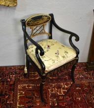 Regency Chinoiserie Ebonized Gilt Armchair, Caned Seat, Embroidered Silk Cushion