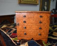 Antique English Queen Anne Yew Wood, Walnut and Oak Miniature Chest, Signed E. Taverner, Exeter