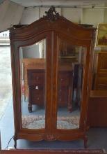 19th C. French Style Carved and Bookmatched Walnut Wardrobe with Beveled Mirror Doors