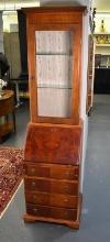 Vintage Slender Secretary with Hutch of Fruitwood and Mahogany with Satinwood Shell Inlay Motif