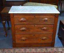 Late 19th C. Victorian Marble-Top Walnut Three Drawer Dresser Chest, Mustache Pulls