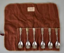 Set of Six Sterling Silver Chocolate Spoons with Silver Cloth, Monogrammed