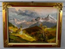 Heinz Münnich (German, 1921-78) Alpine Church, Oil on Canvas, Meister Barock Frame