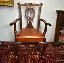 Vintage Carved Mahogany Chippendale Hall Chair with Leather Upholstered Seat