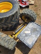 JOHN DEERE FRONT AXLE, 5 LUG WHEELS AND TIRES, BOX OF GEARS