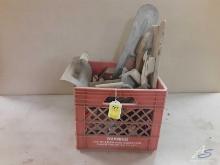 Lot of concrete and masonry tools in milk crate