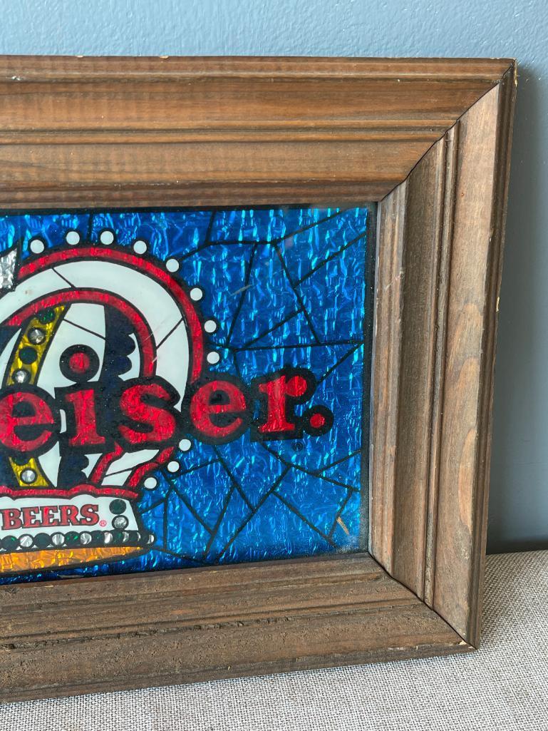 Vintage Framed Faux Stained Glass Budweiser Sign