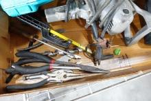 BOX LOT TOOLS INCLUDING PLIERS CUTTERS LARGE POWER DRILL AND LASER