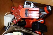 BOX LOT SKILL DRILLS BLACK AND DECKER DRILLS ASSORTED BATTERIES AND CHARGER