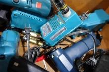 BOX LOT WITH MAKITA BATTERY DRILLS SAWS LIGHTS WITH ASSORTED CHARGERS AND B