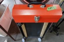 METAL TOOL BOX WITH CONTENTS OF HAND TOOLS WRENCHES PLIERS CUTTERS FLASH LI