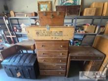 Wooden Dresser, Military Ammunition Crate, and Wooden Shipping Box