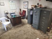 Desk, Red Chair, White Chair, Printer, File Cabinets, Misc. Rifle Handles